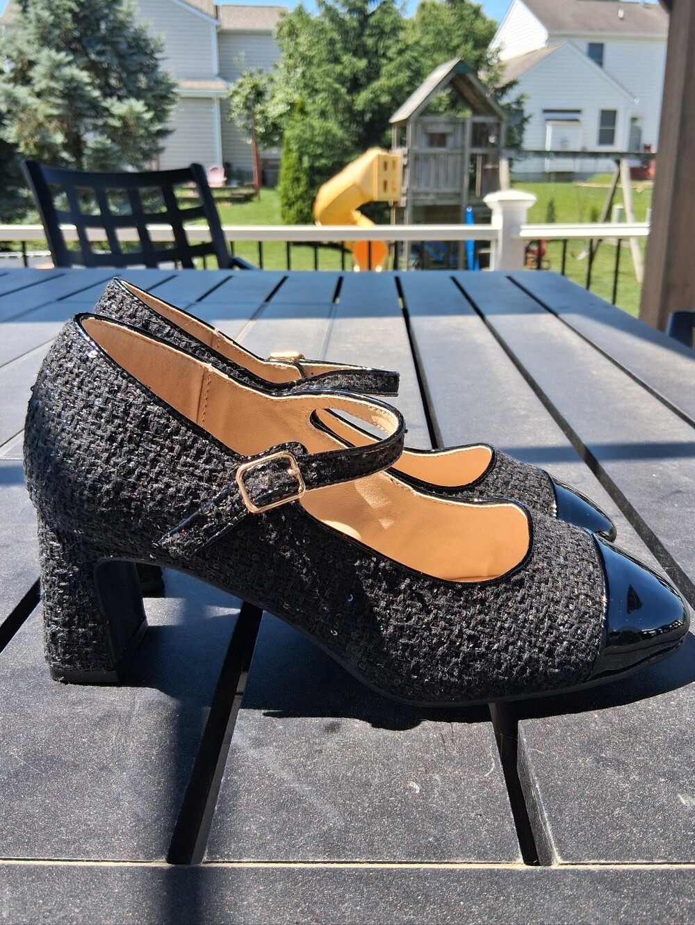 Black Mary Jane Heels with Patent Cap Toe - Picture 2 of 10